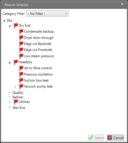 reason tree display for selecting a reason when process is down.