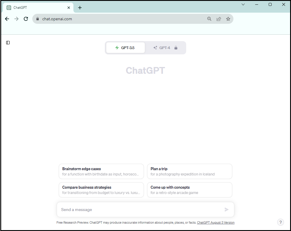 Home screen of ChatGPT. Message box at the bottom where a user can type in a question.