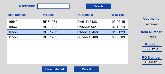 Graphic with username box at top to fill in an search field. Grid with 4 rows filled in. Save and cancel buttons at the bottom.