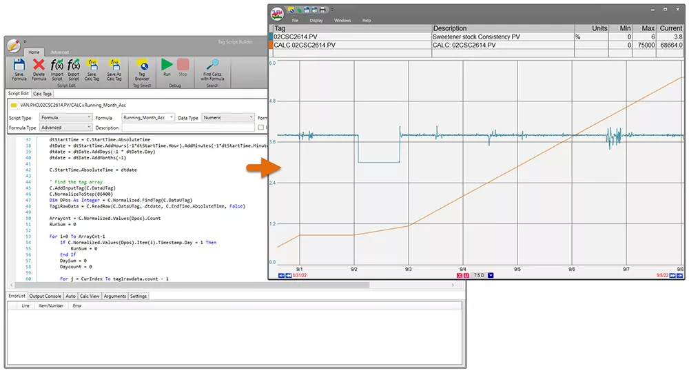 PARCview trend with a teal tag and orange tag. The orange tag is a scripted tag and is increasing on the trend. The script in a window behind the trend.