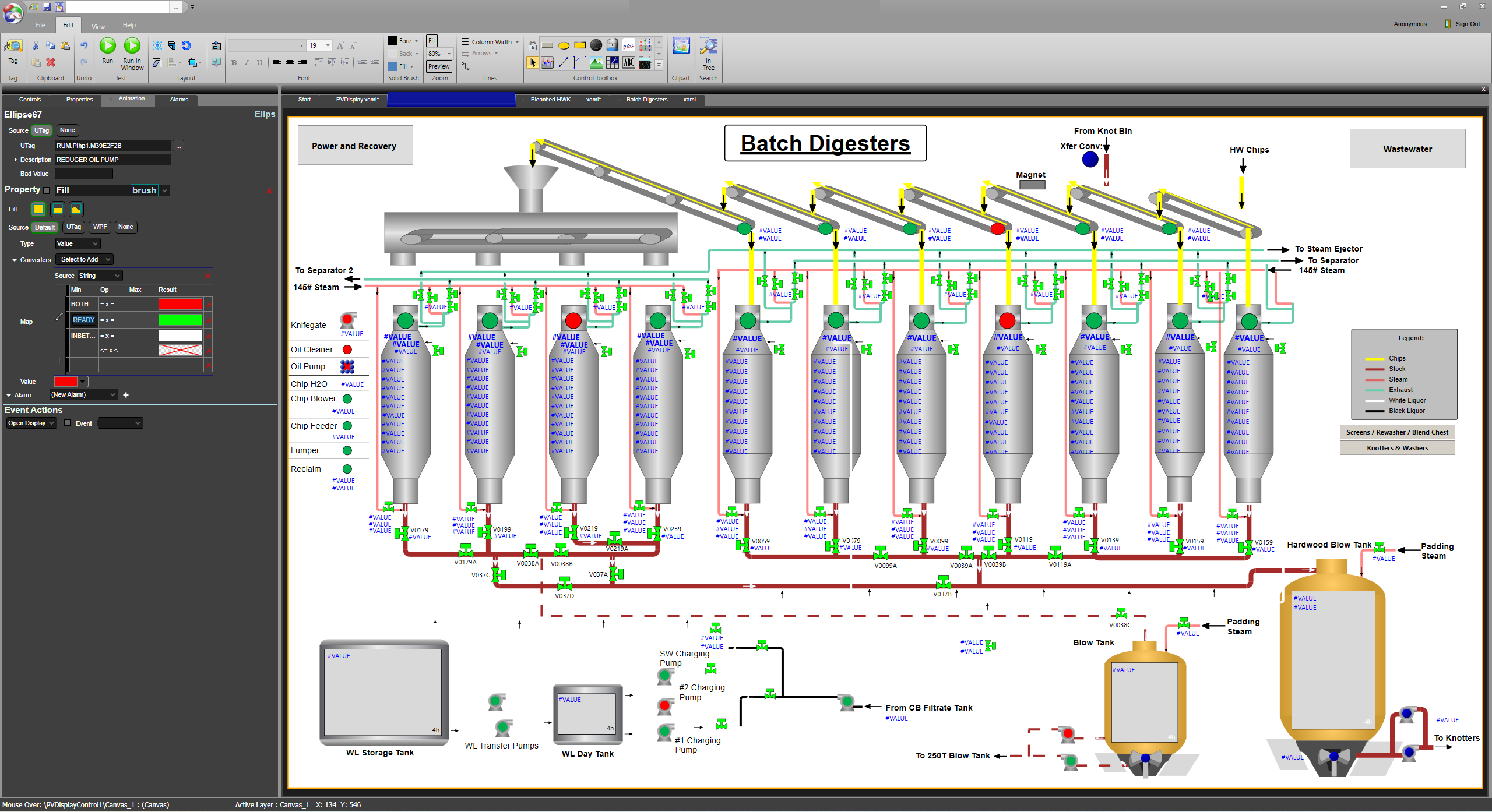GraphicsDesigner-1 dataPARC PARCgraphic Designer window with an graphic of batch digesters. This show multiple digesters with tags illustrating a digital twin.