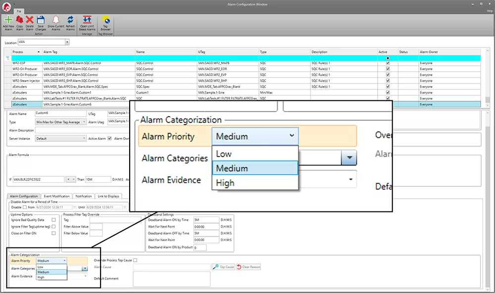 Alarm configuration screen magnifying the priority section of the alarm in Low, Medium and High.