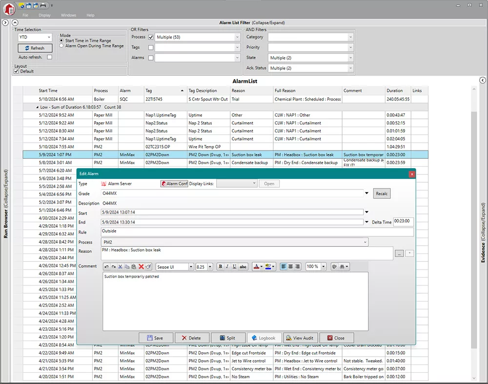 Alarm list screen to view current and past alarms based on priority. The main screen is the acknowledge screen for users to assign reasons or comments for the alarm.