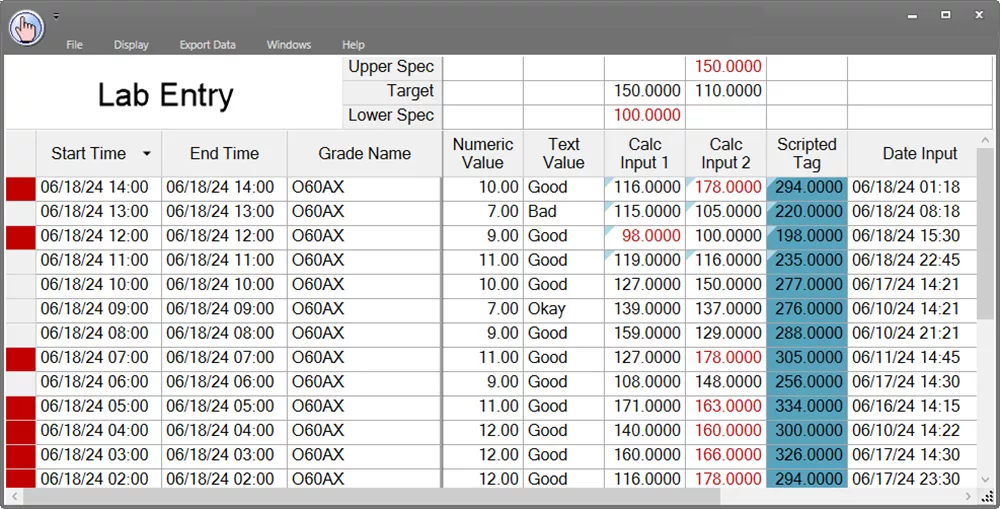 dataPARCs Manual Data Entry screen, grid with limits and colored cells. There are some cells with a light blue triangle in the corner. Red identifies any record that has an out of spec vale.